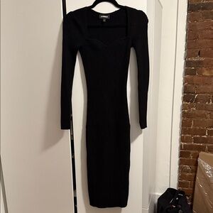 Express Black Ribbed Long Sleeve Midi Sweater Dress Sweetheart Neckline
